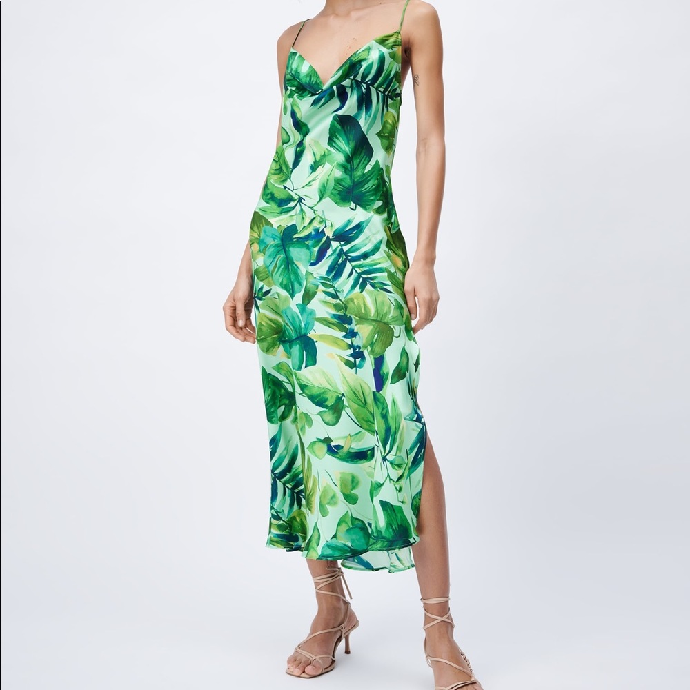 Zara tropical print slip midi dress NWT